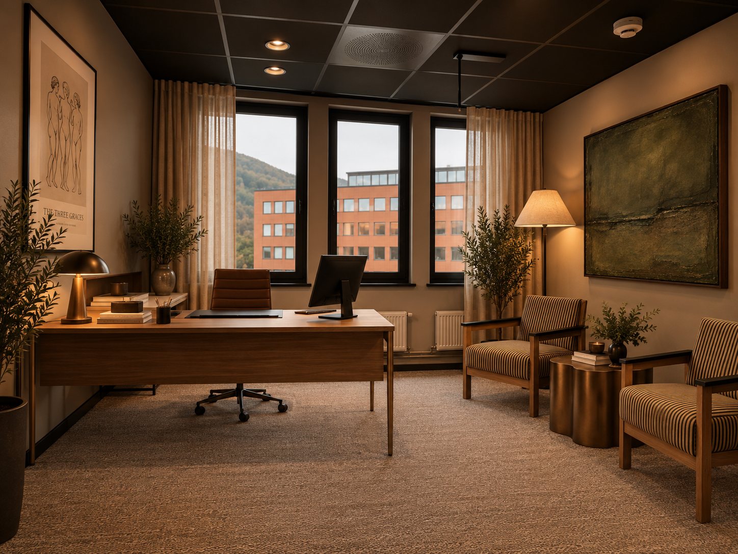 Kontor med skrivebord i tre, lenestoler og stor kunst på veggen